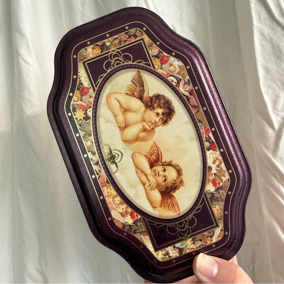 Vintage Victorian Floral Angel Cherub Dresden Ephemera Metal Tin Box 7.5" - Picture 3 of 10
